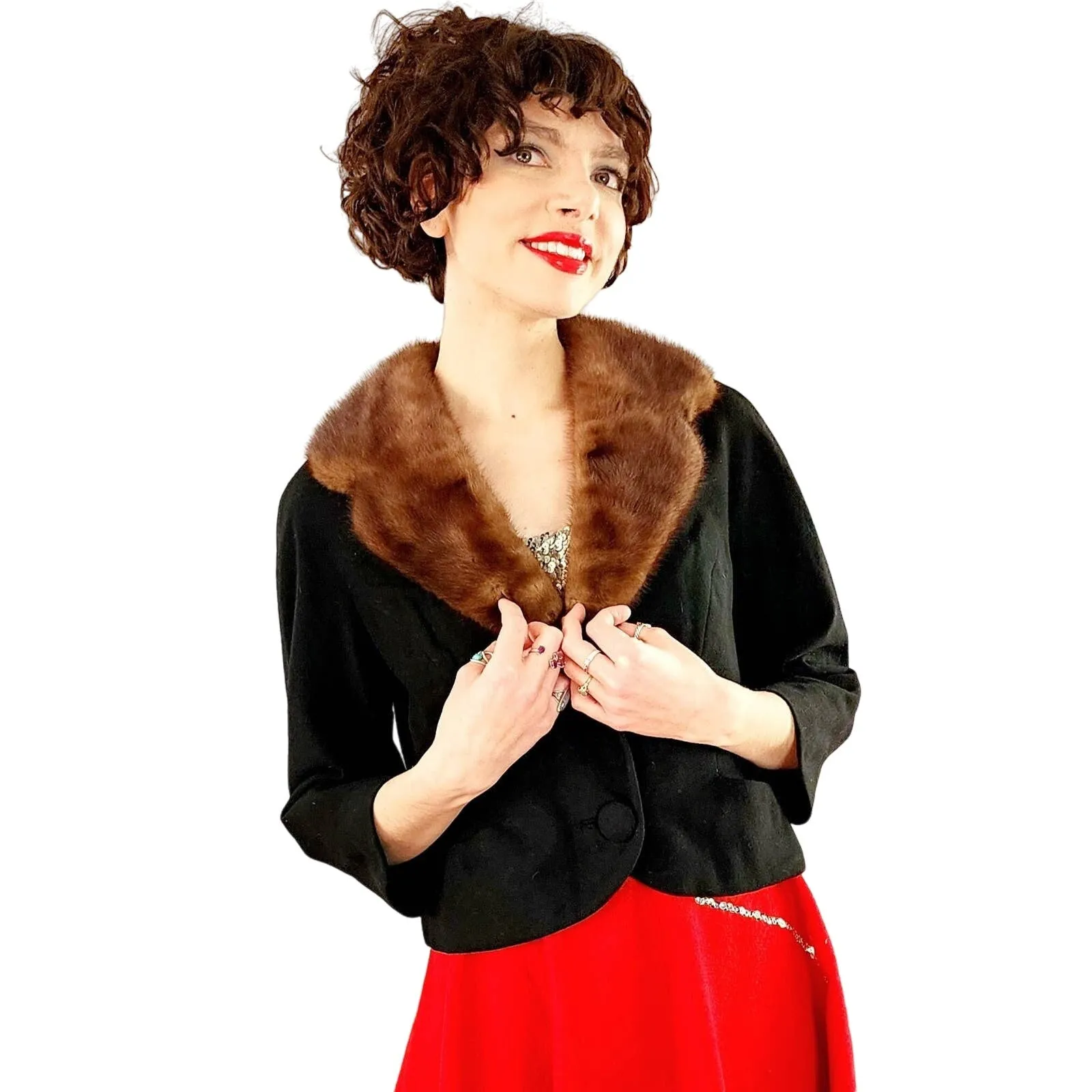 Vintage 50s Black Wool Blazer Brown Mink Fur Collar