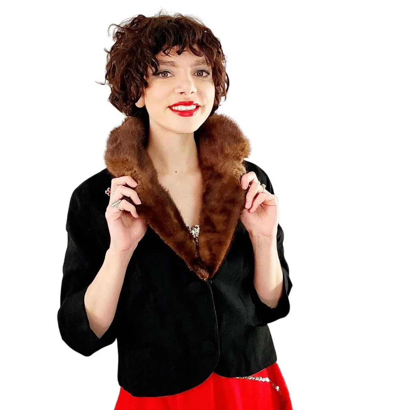 Vintage 50s Black Wool Blazer Brown Mink Fur Collar