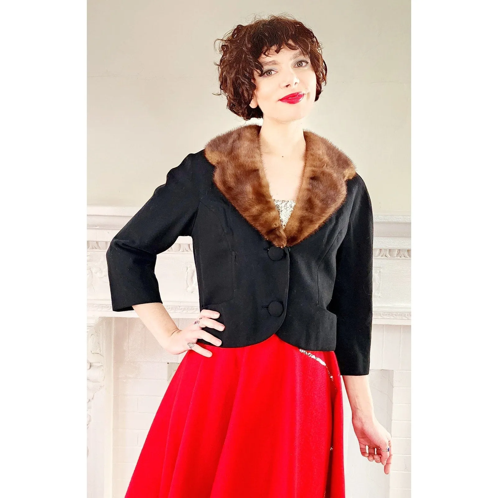 Vintage 50s Black Wool Blazer Brown Mink Fur Collar