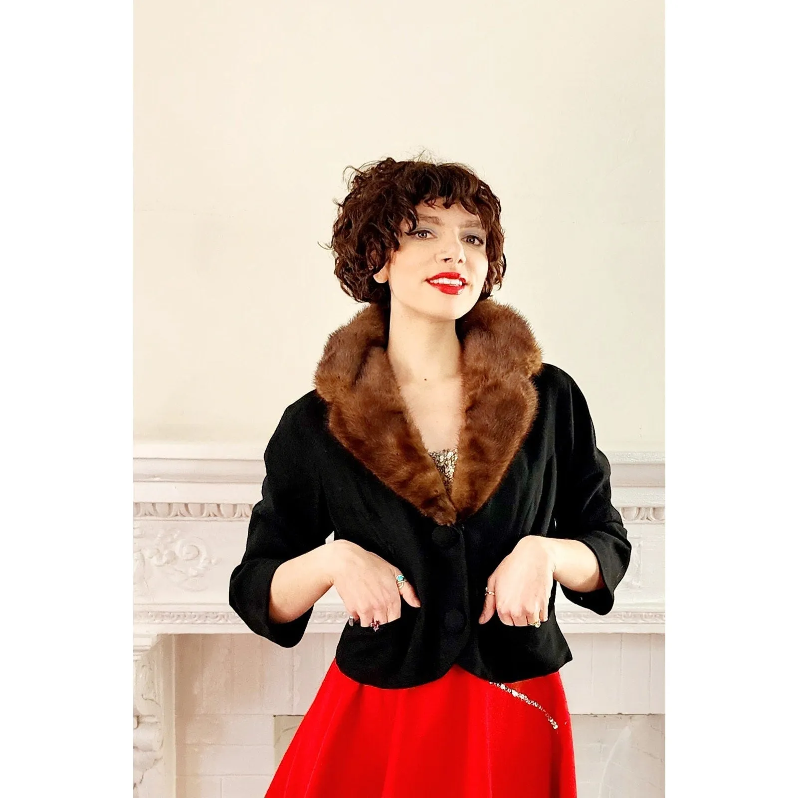 Vintage 50s Black Wool Blazer Brown Mink Fur Collar