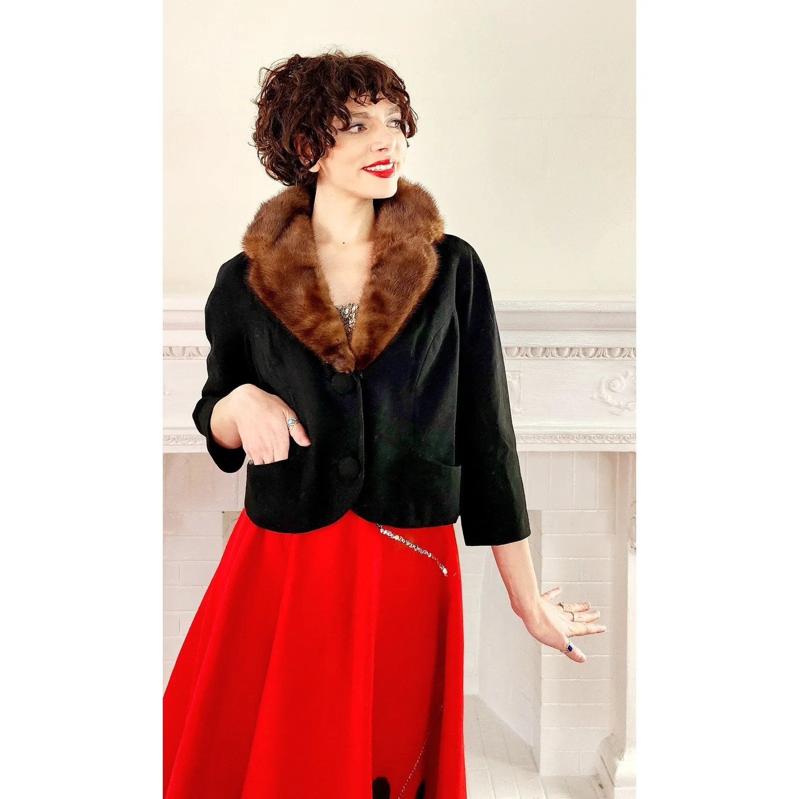 Vintage 50s Black Wool Blazer Brown Mink Fur Collar