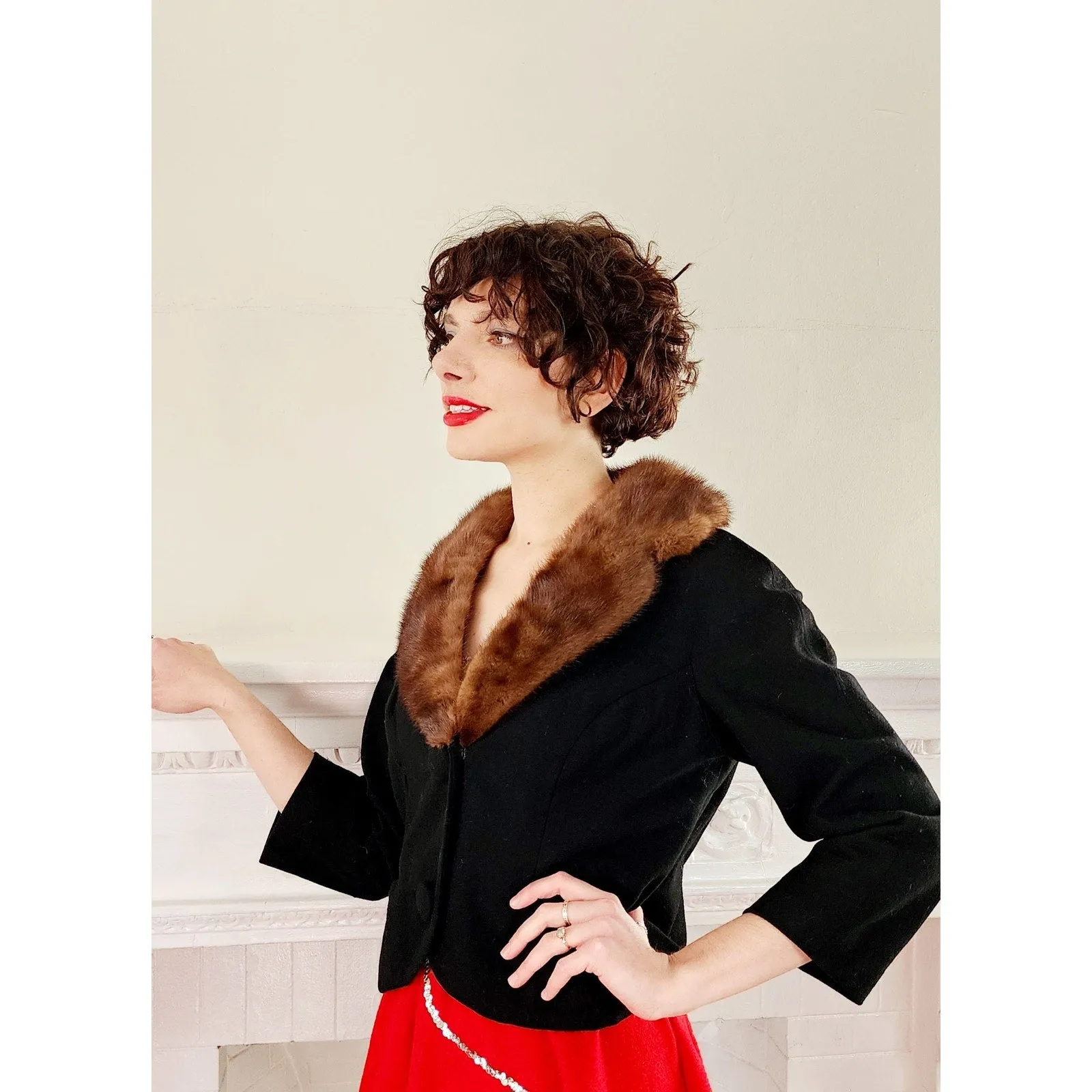 Vintage 50s Black Wool Blazer Brown Mink Fur Collar