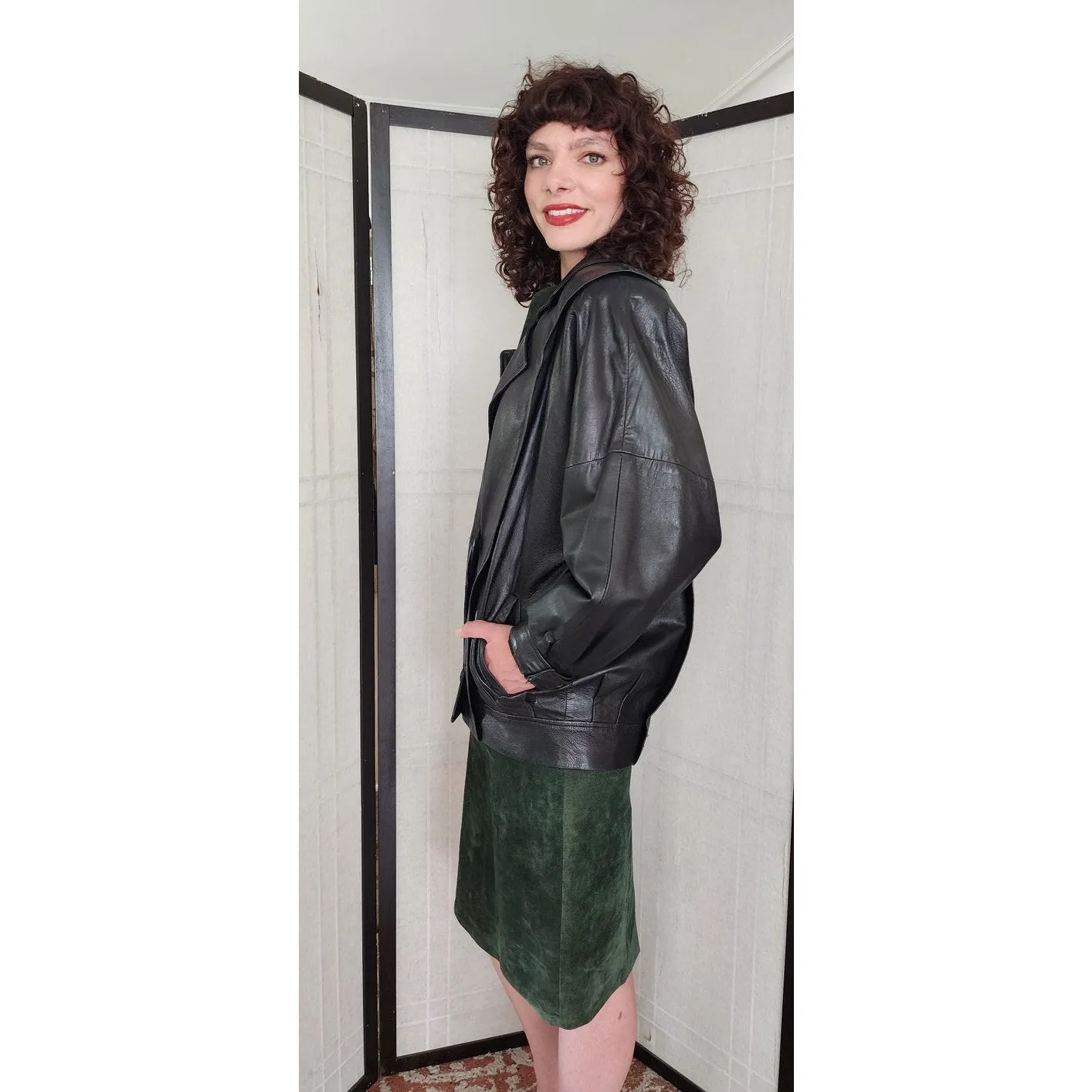 Vintage 80s Black Leather Jacket, Oversized, Italy