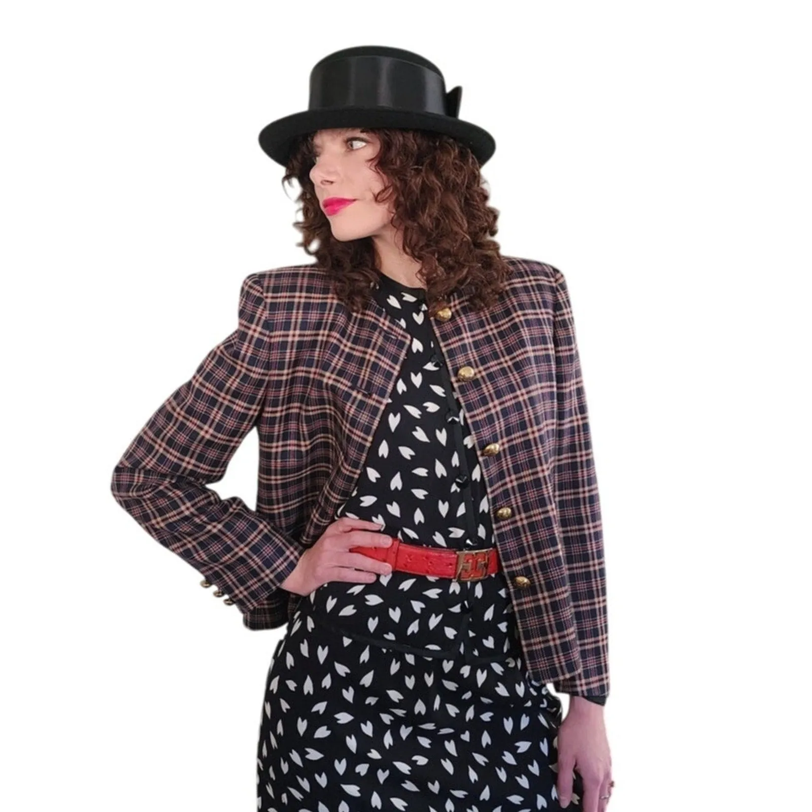 Vintage 80s Jaeger Blazer Navy Blue Brown Plaid Wool Blend