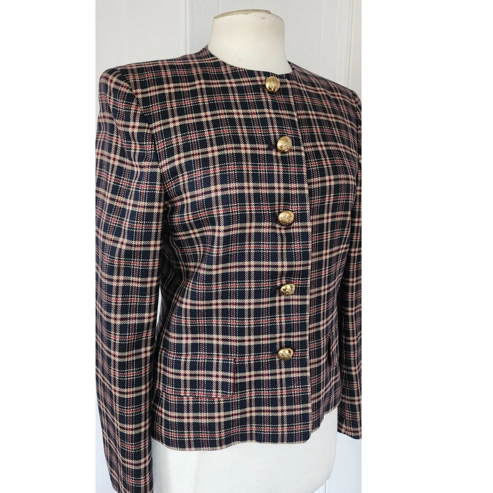 Vintage 80s Jaeger Blazer Navy Blue Brown Plaid Wool Blend