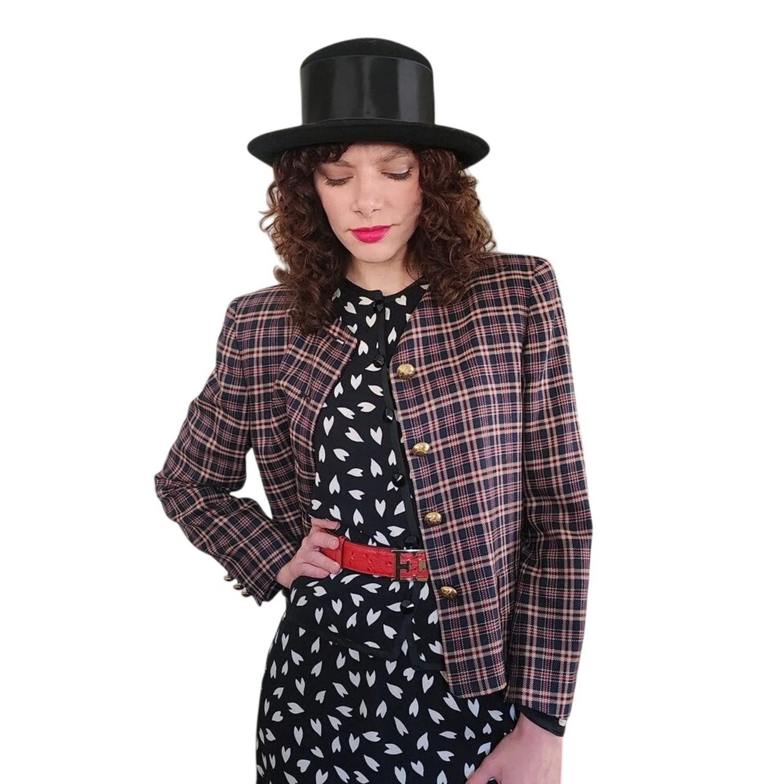 Vintage 80s Jaeger Blazer Navy Blue Brown Plaid Wool Blend