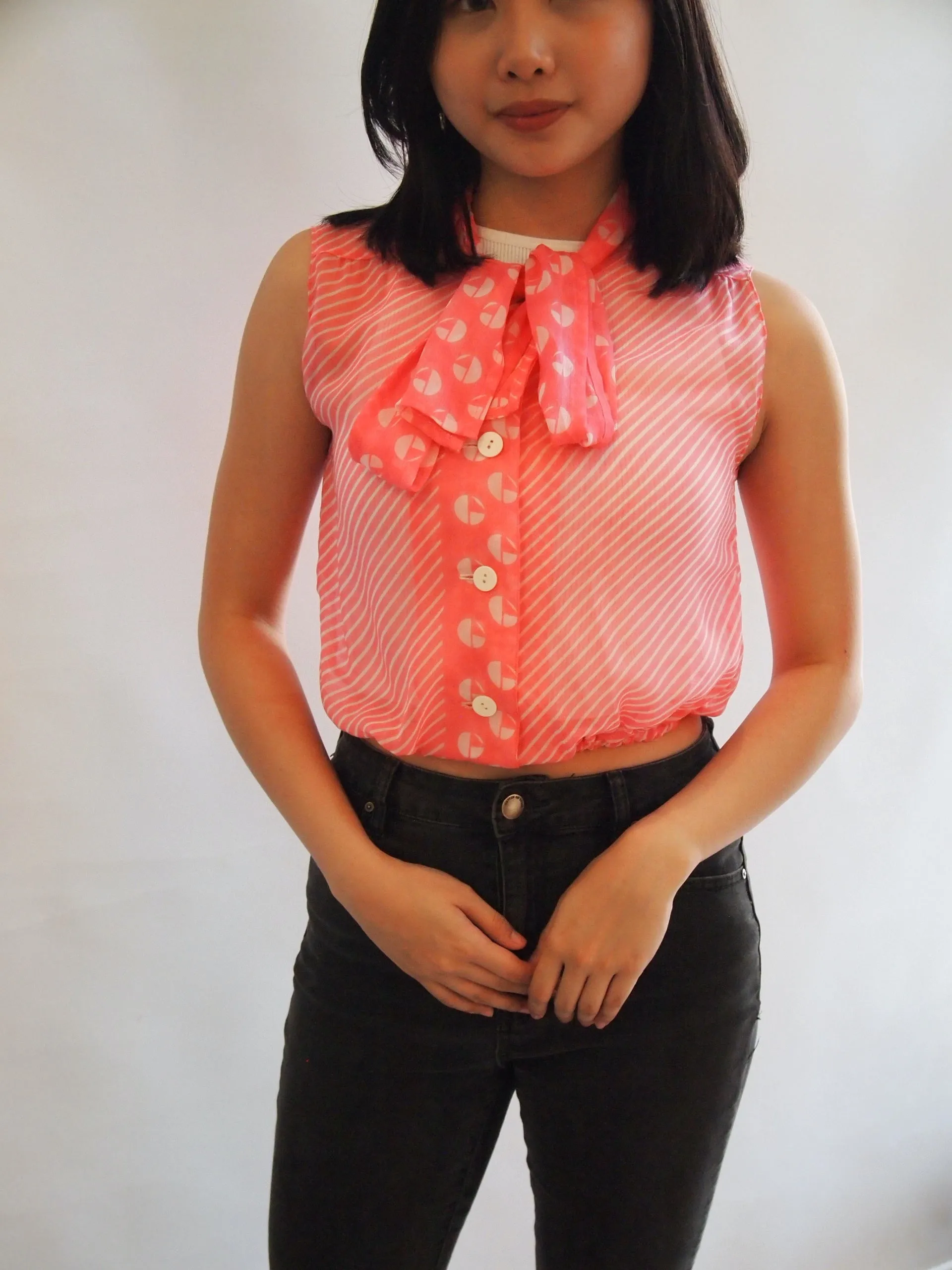 Vintage Bubblegum Pink Pussy Bow Geometric Top