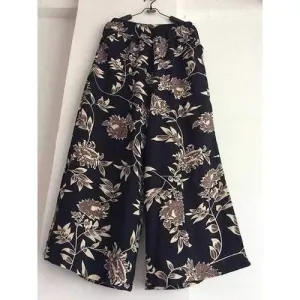 Vintage Style Elastic Waist Floral Print Loose-Fitting Palazzo Pants For Women - Black One Size(fit Size Xs To M)