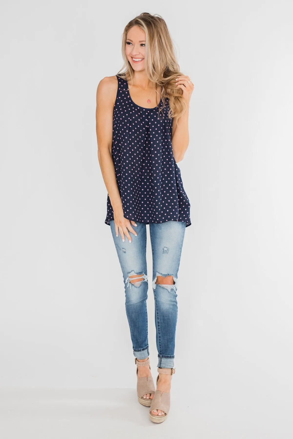 Wander Through Polka-Dot Bow Back Tank Top- Navy
