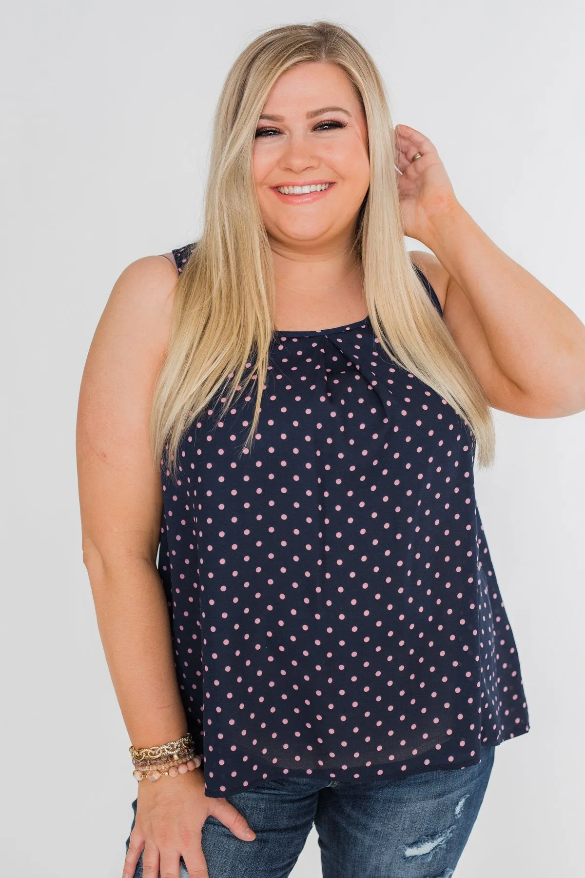 Wander Through Polka-Dot Bow Back Tank Top- Navy