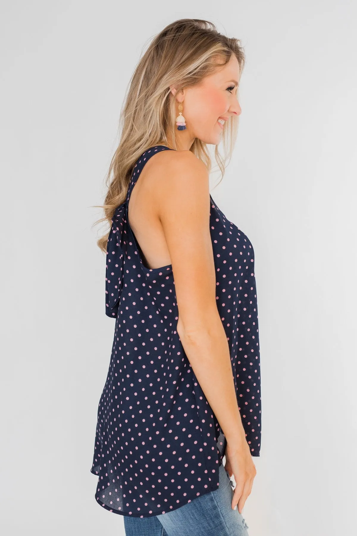 Wander Through Polka-Dot Bow Back Tank Top- Navy