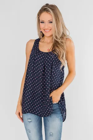 Wander Through Polka-Dot Bow Back Tank Top- Navy