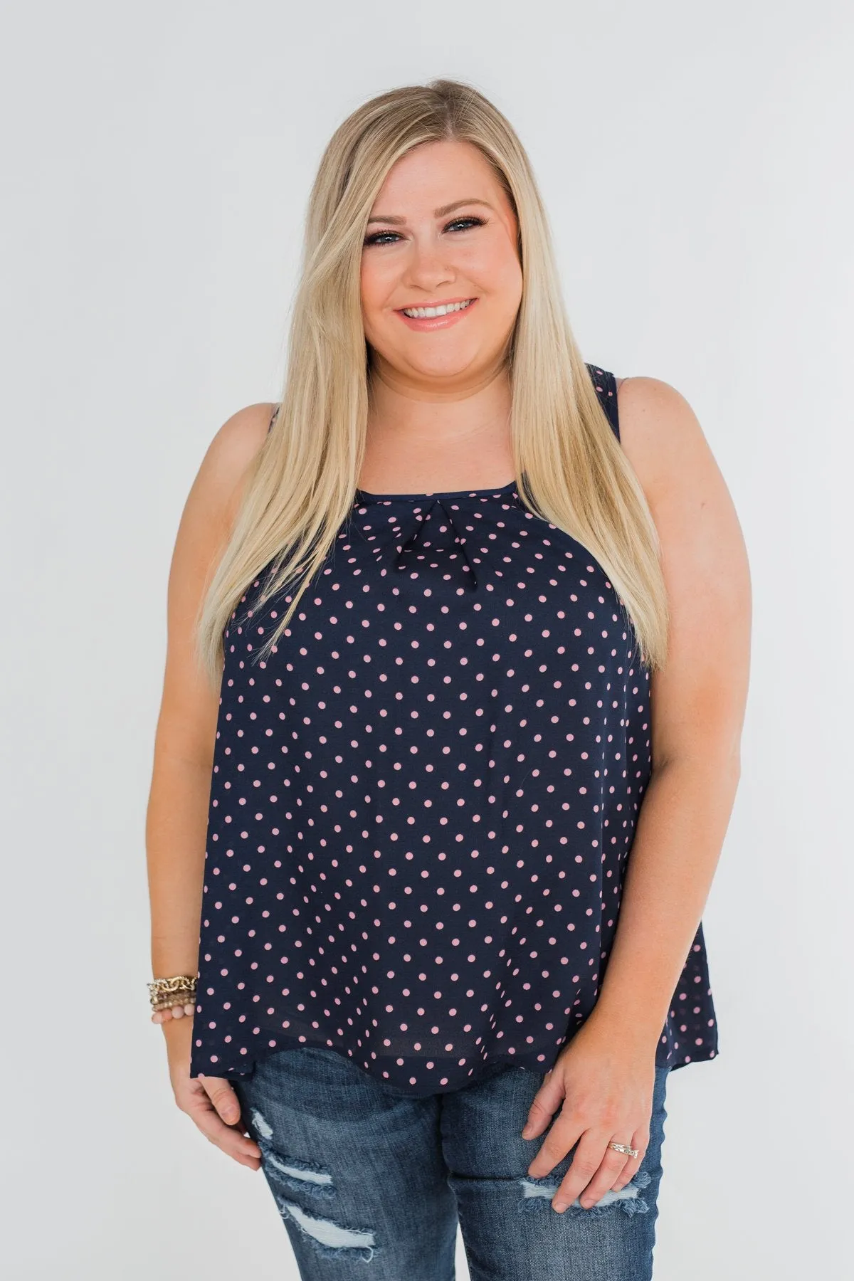 Wander Through Polka-Dot Bow Back Tank Top- Navy