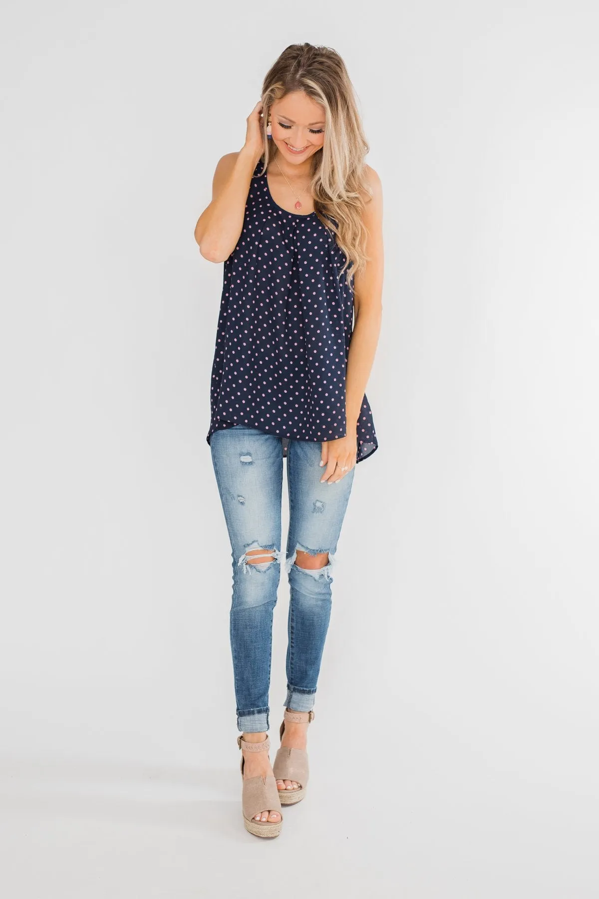 Wander Through Polka-Dot Bow Back Tank Top- Navy