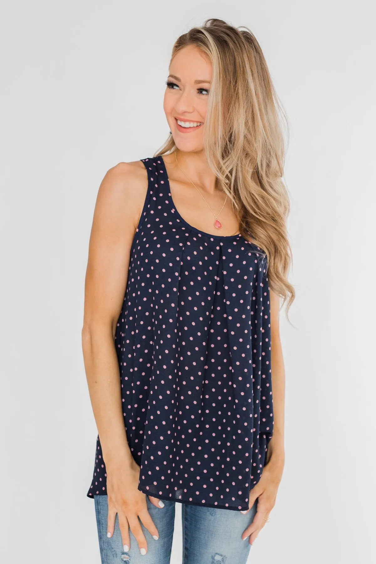 Wander Through Polka-Dot Bow Back Tank Top- Navy