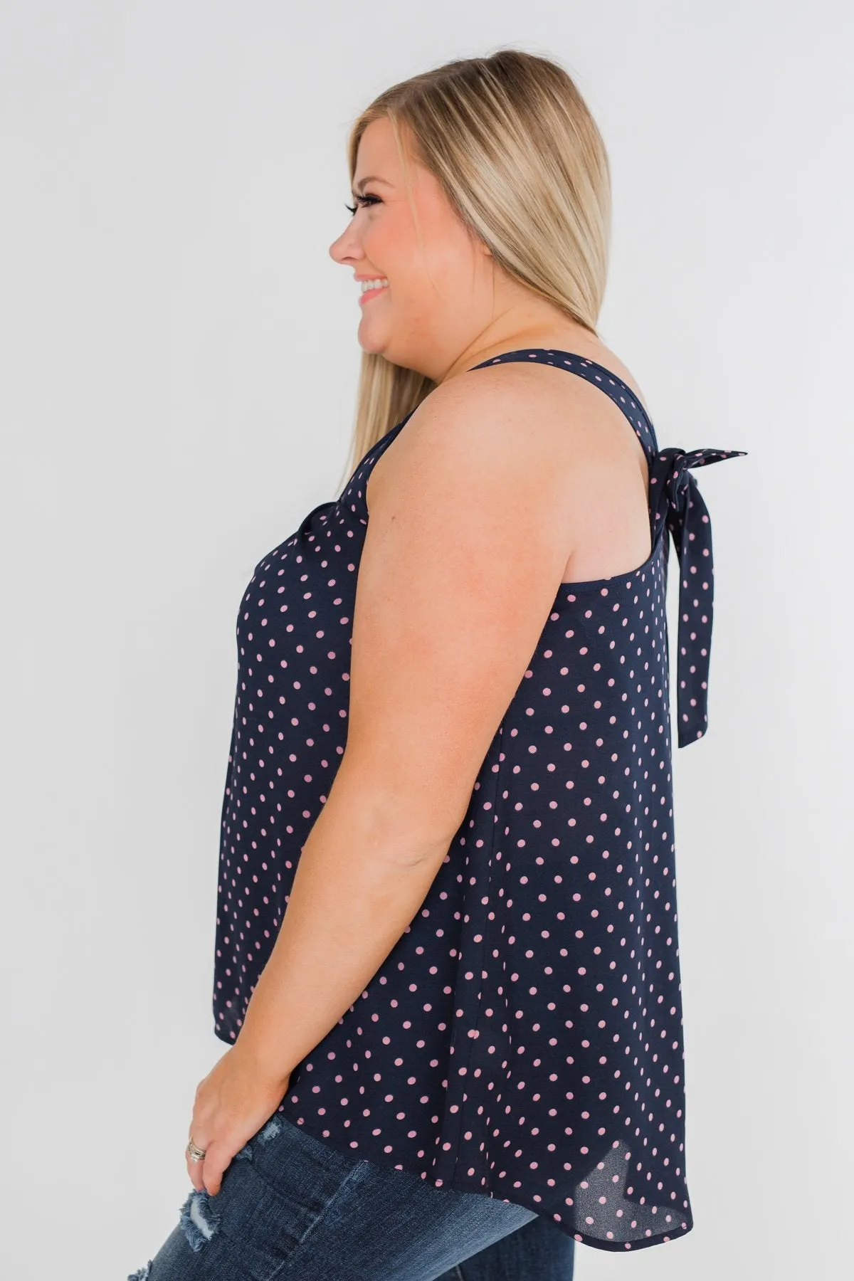 Wander Through Polka-Dot Bow Back Tank Top- Navy