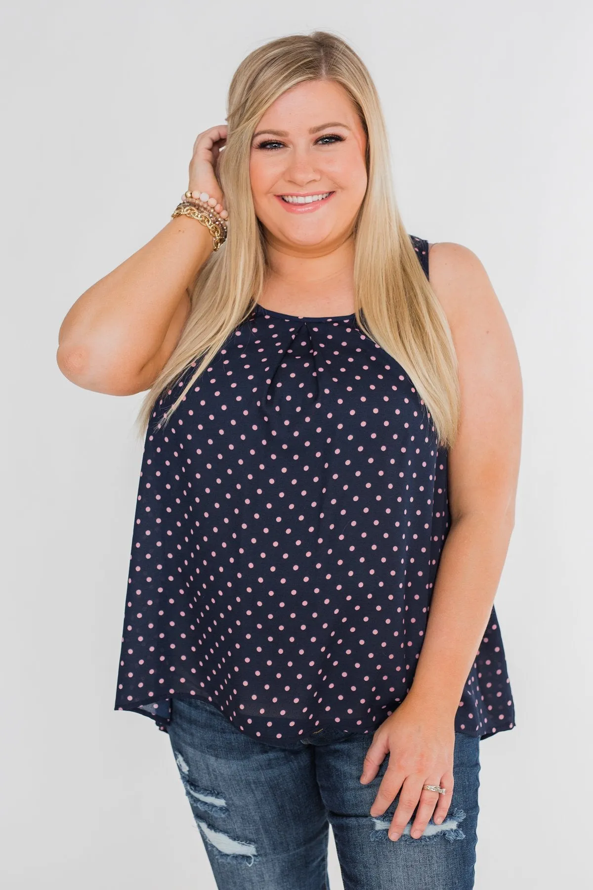 Wander Through Polka-Dot Bow Back Tank Top- Navy