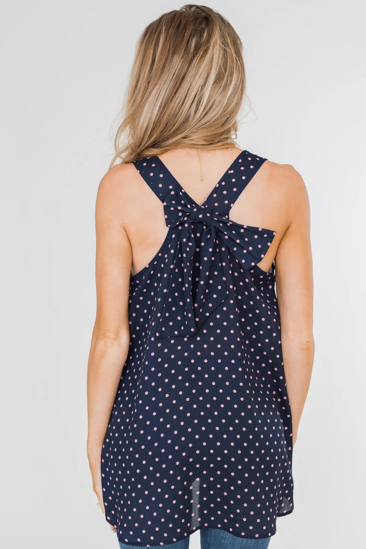 Wander Through Polka-Dot Bow Back Tank Top- Navy