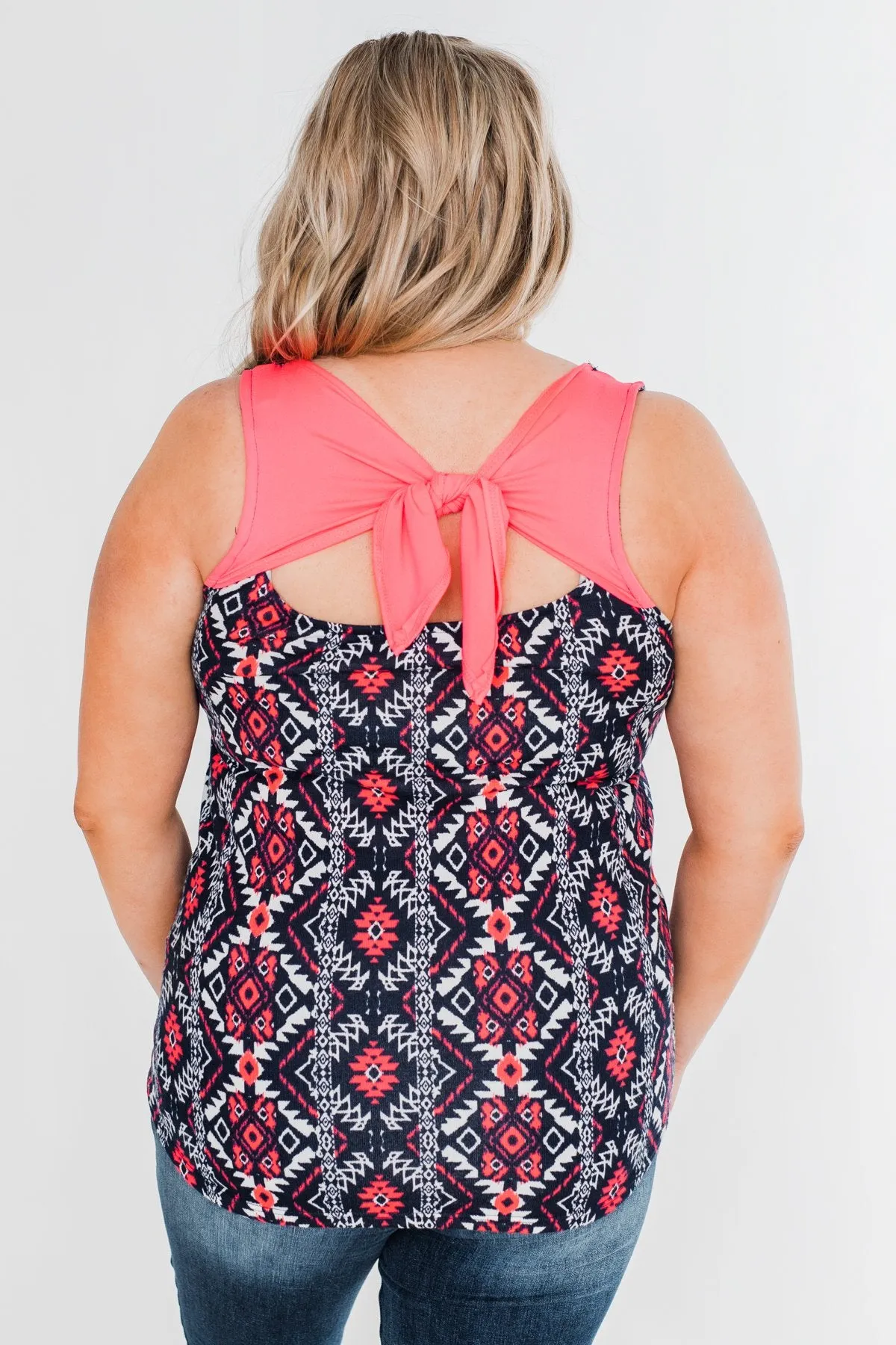 We Found Love Aztec Bow Tank Top- Navy & Neon Pink