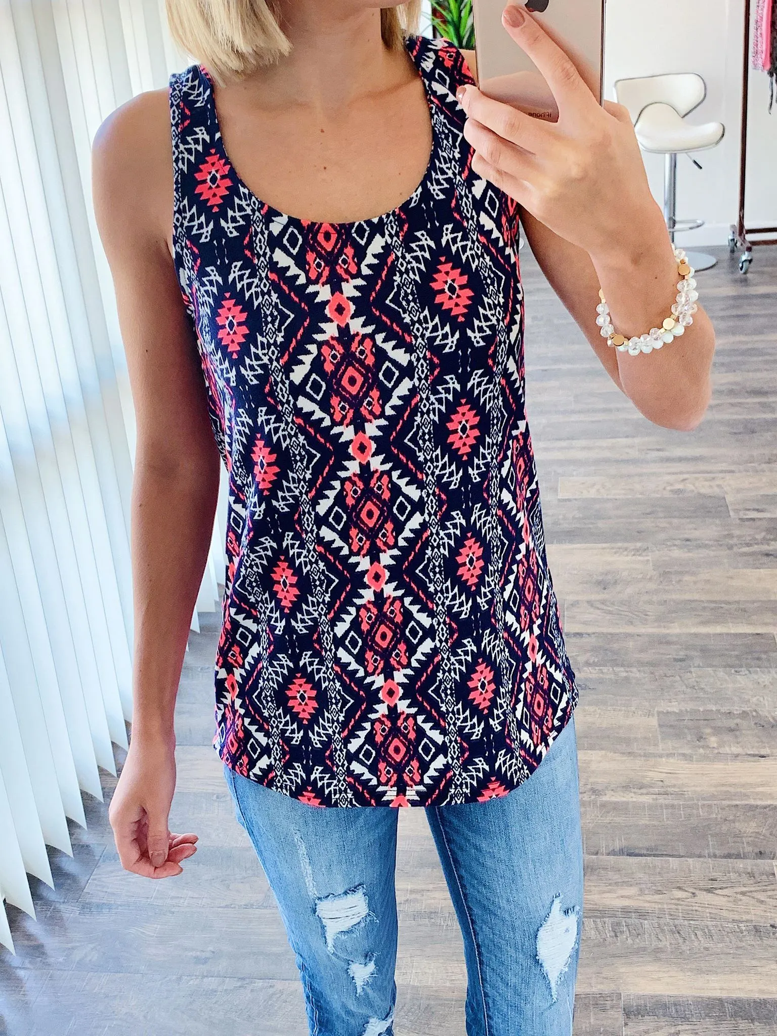 We Found Love Aztec Bow Tank Top- Navy & Neon Pink