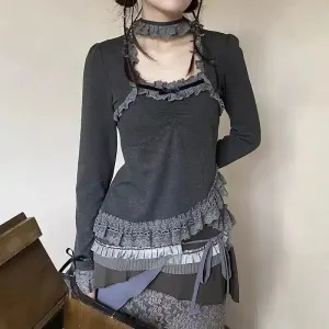 Whimsical Lace Top with Asymmetric Design for Fairy Grunge Style