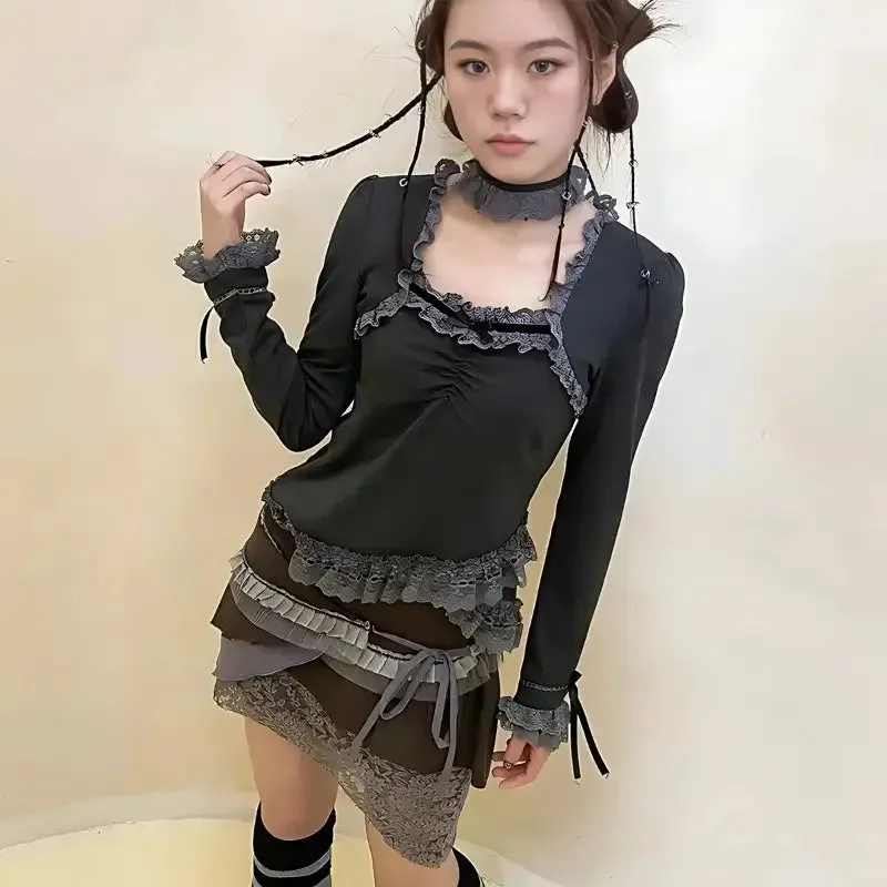 Whimsical Lace Top with Asymmetric Design for Fairy Grunge Style