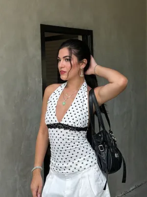White Halter Neck Polka Dot Top