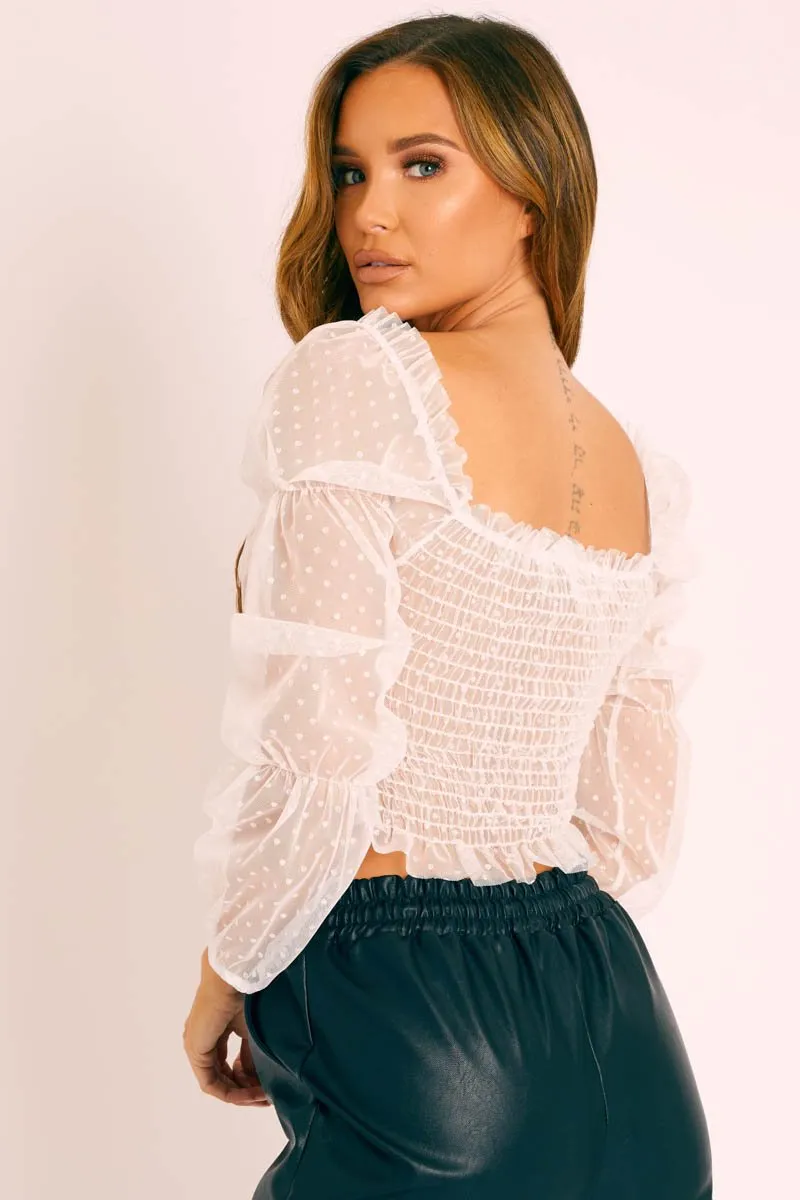 White Mesh Polka Shirred Crop Top - Soliana