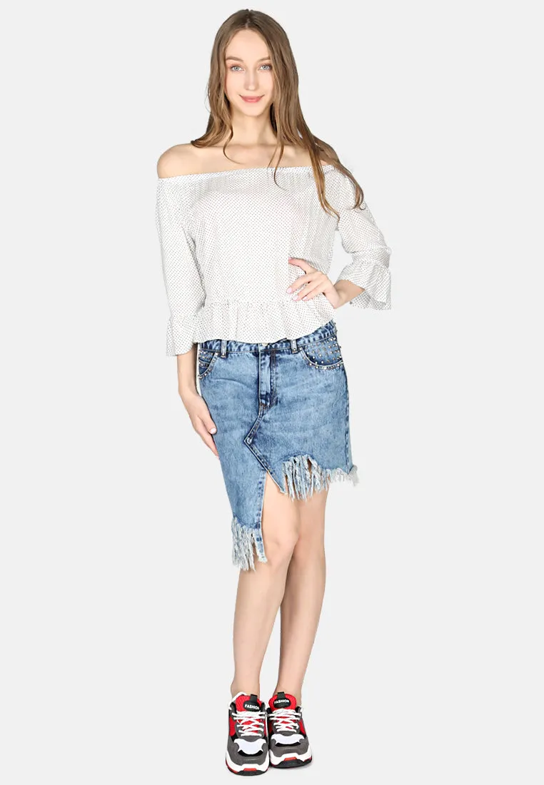 White Polka Dot Off Shoulder Top