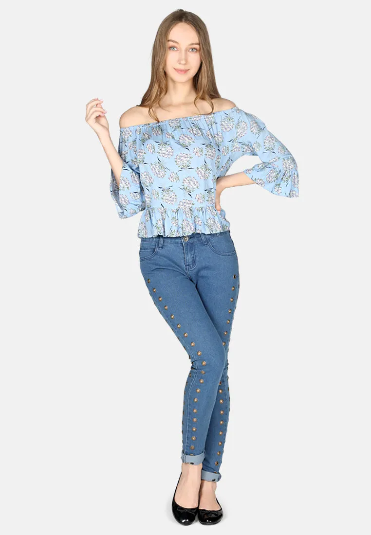 White Polka Dot Off Shoulder Top