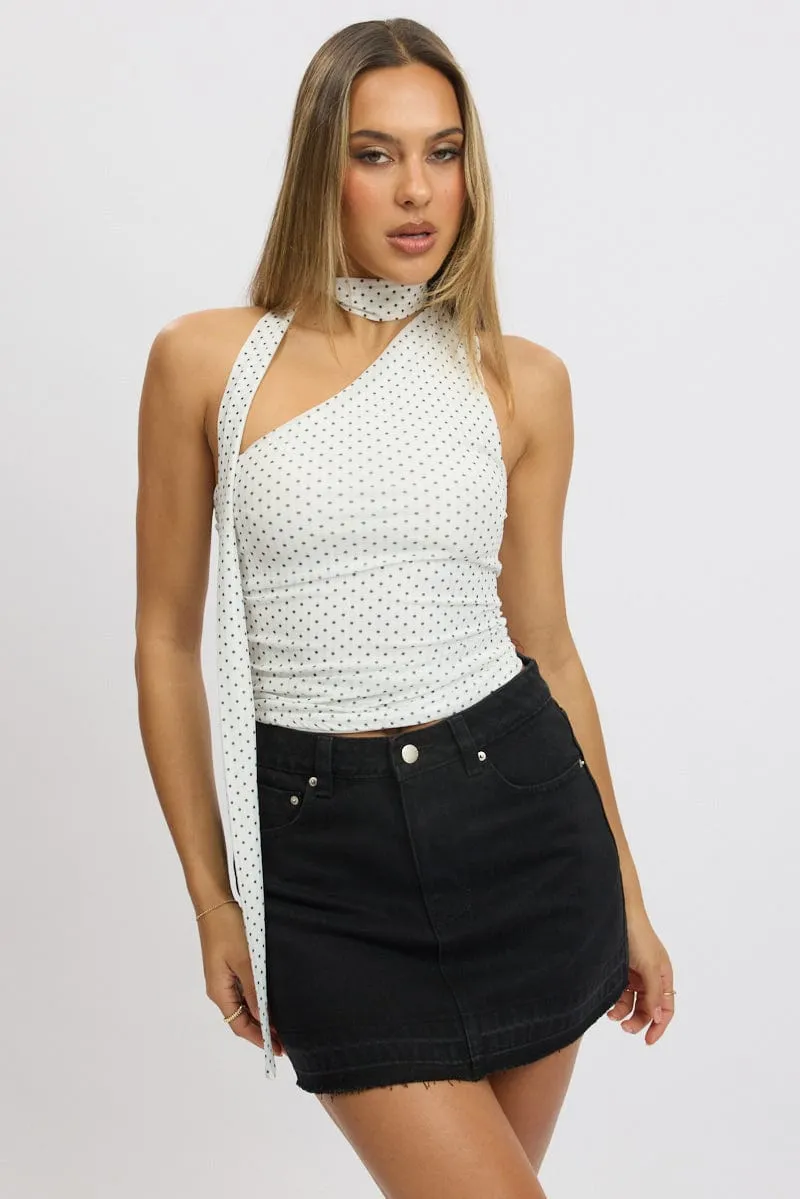 White Polka Dot One Shoulder Top Sleeveless Mesh