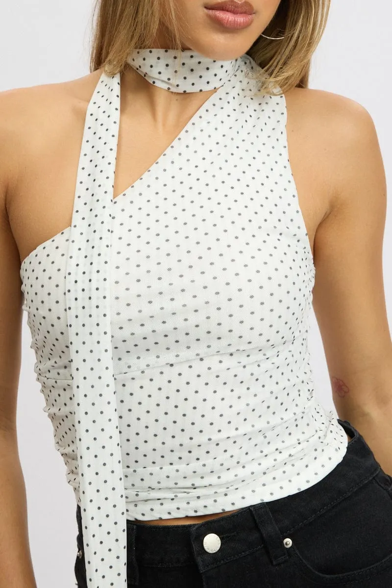 White Polka Dot One Shoulder Top Sleeveless Mesh