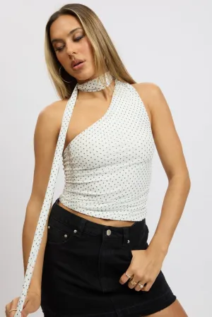 White Polka Dot One Shoulder Top Sleeveless Mesh