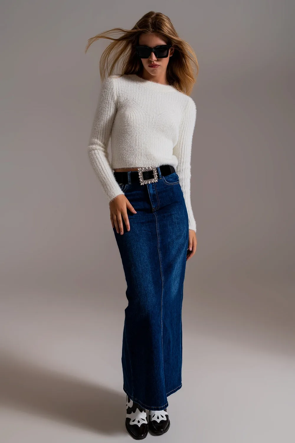 White Ribbed Cropped Sweater