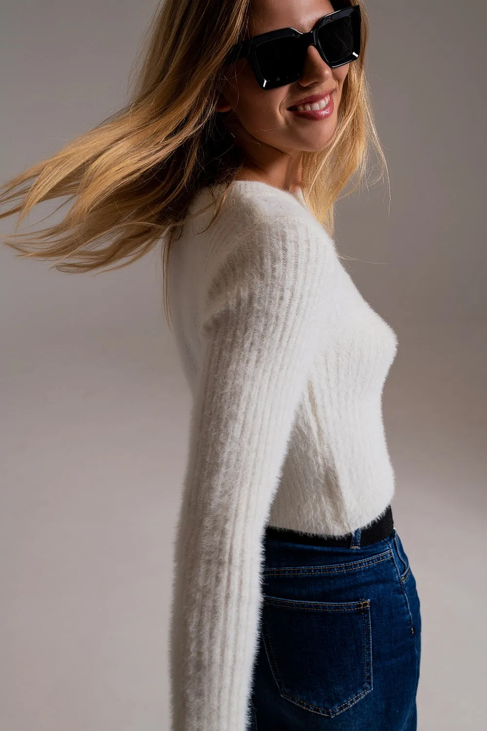 White Ribbed Cropped Sweater