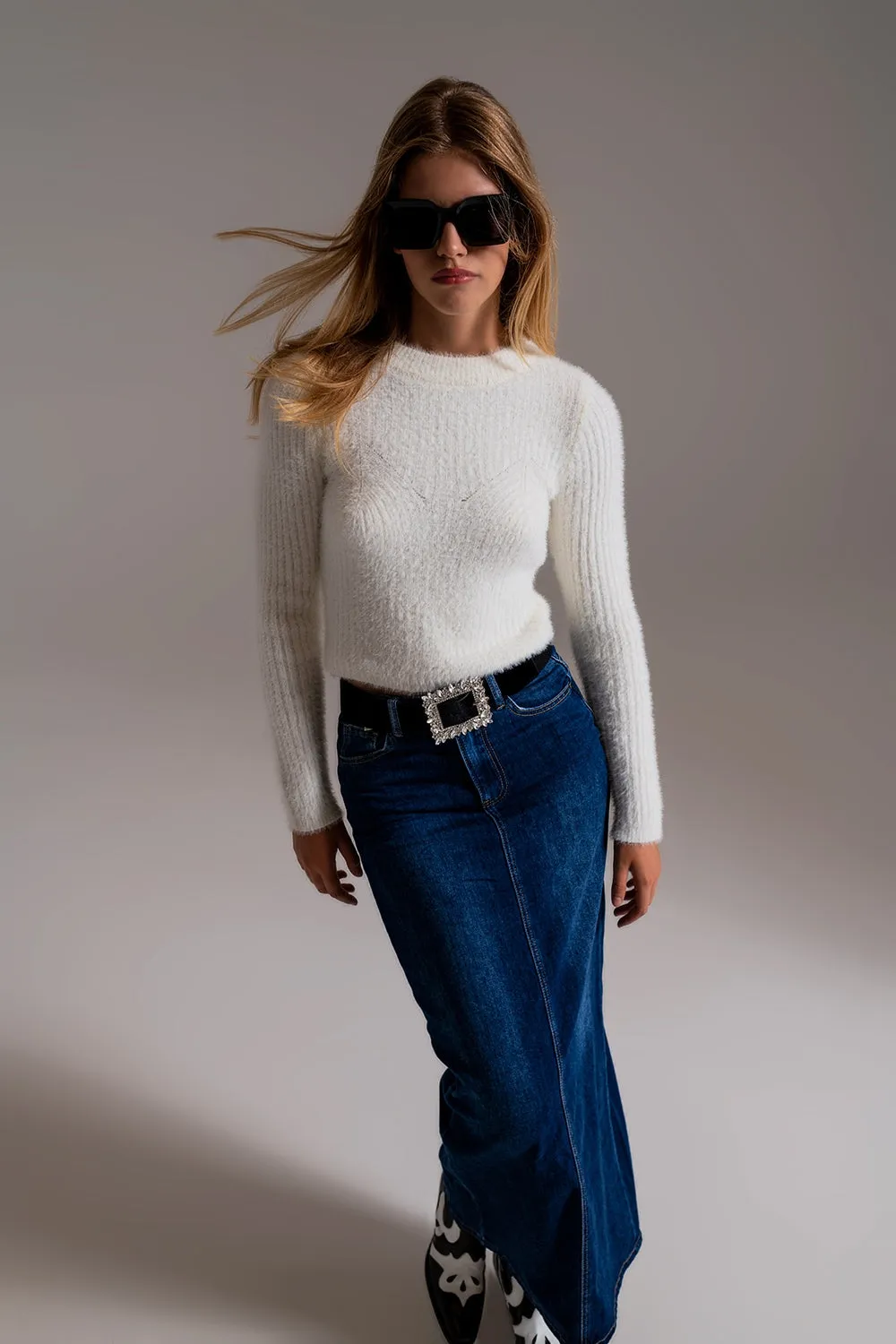White Ribbed Cropped Sweater