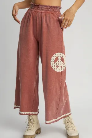 Wide-Leg Pants with Lace Applique in Mineral Wash Fabric in Rust Color