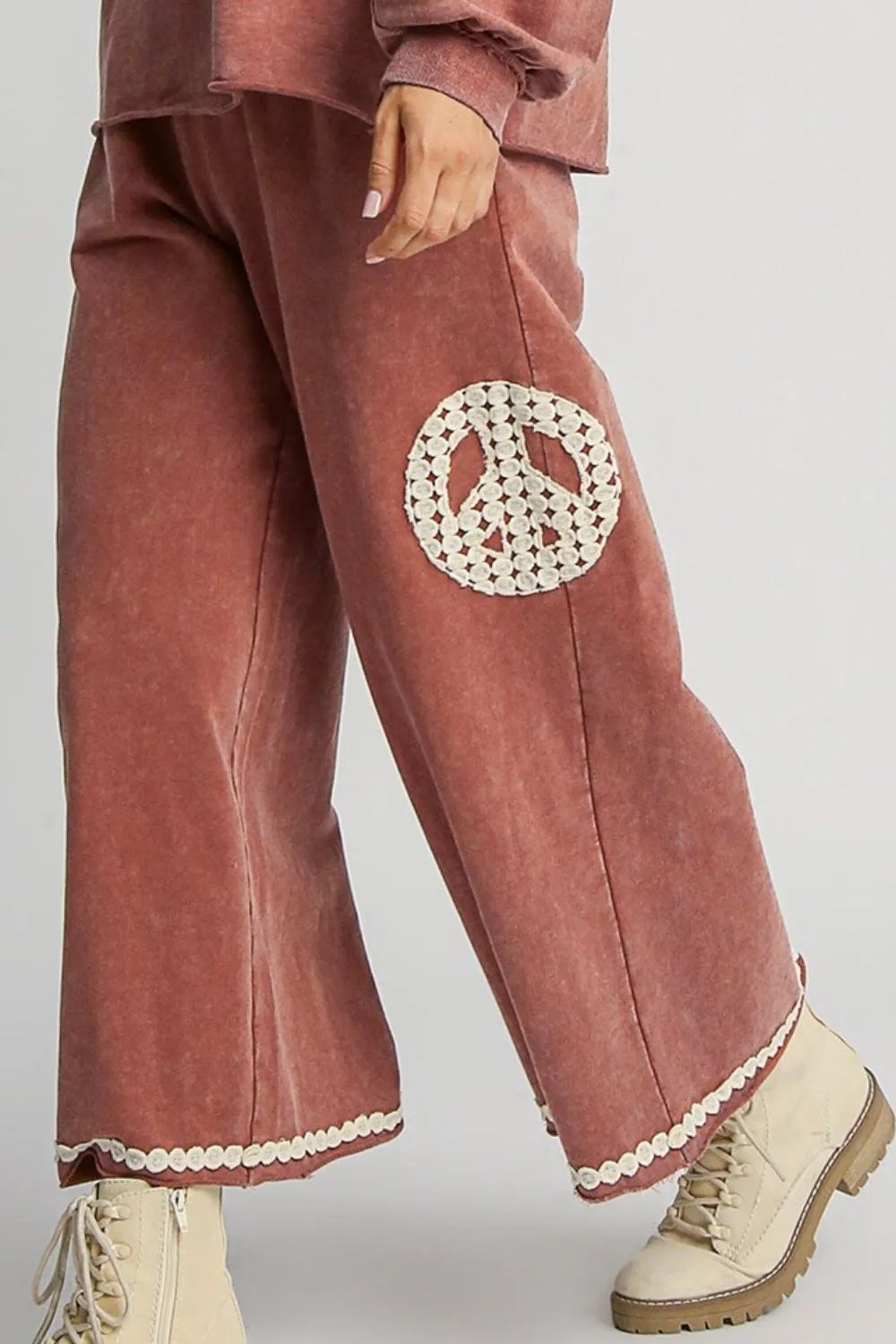 Wide-Leg Pants with Lace Applique in Mineral Wash Fabric in Rust Color