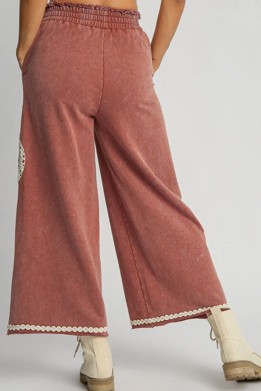 Wide-Leg Pants with Lace Applique in Mineral Wash Fabric in Rust Color