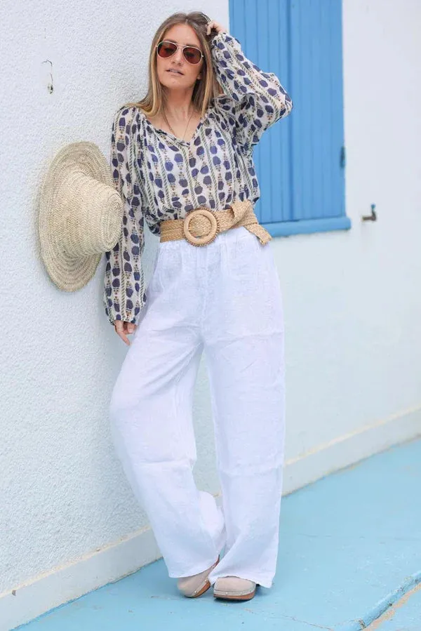 Wide Leg White Pants with Elastic Waistband