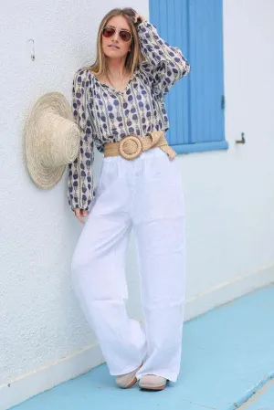 Wide Leg White Pants with Elastic Waistband