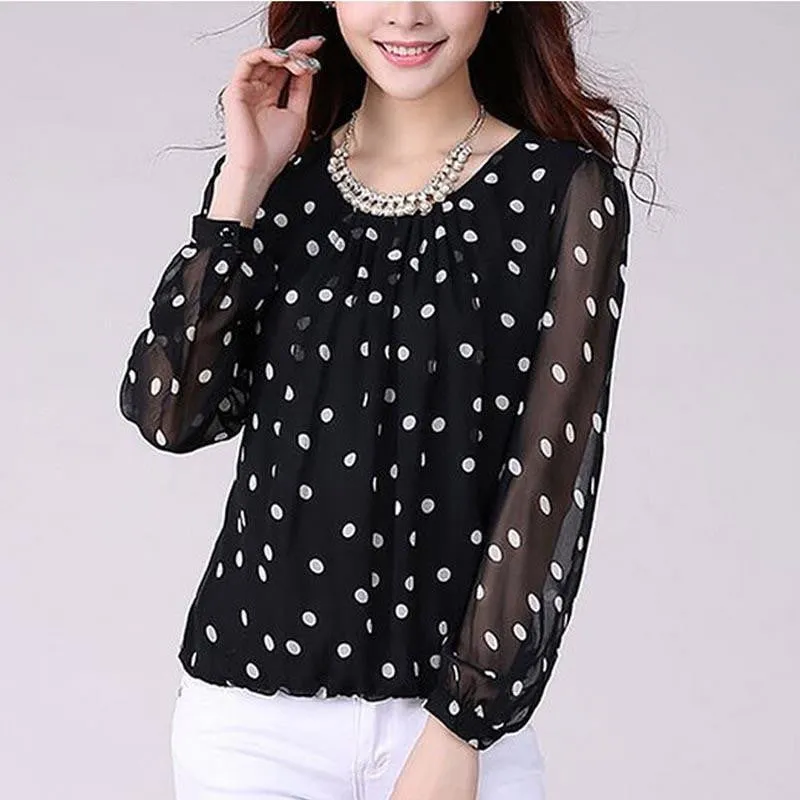 Women Blouses Polka Dot Chiffon Blouse Women Tops O-Neck Long Sleeve Fashion Woman Shirts