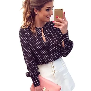 Women Casual Round Neck Long Sleeve Slit Open Blouses Chiffon Hollow Polka Dots Shirt Tops