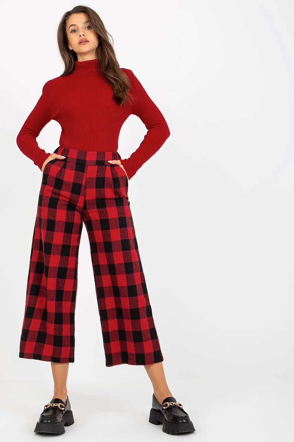 Women checkered fabric trousers