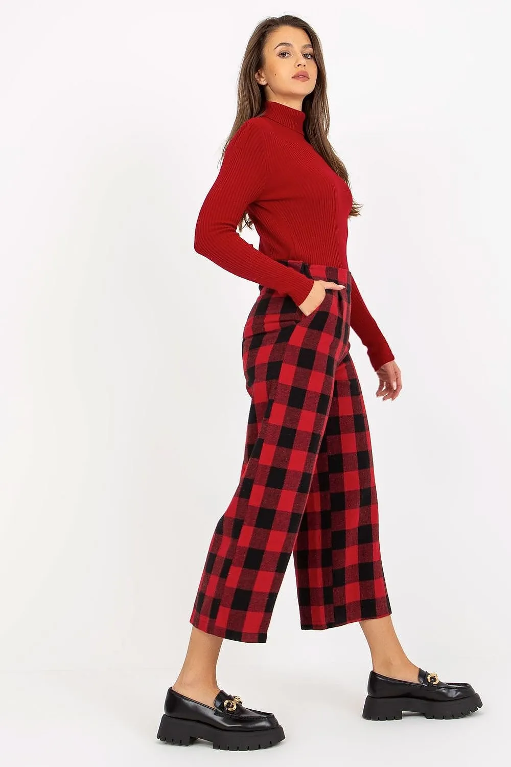 Women checkered fabric trousers