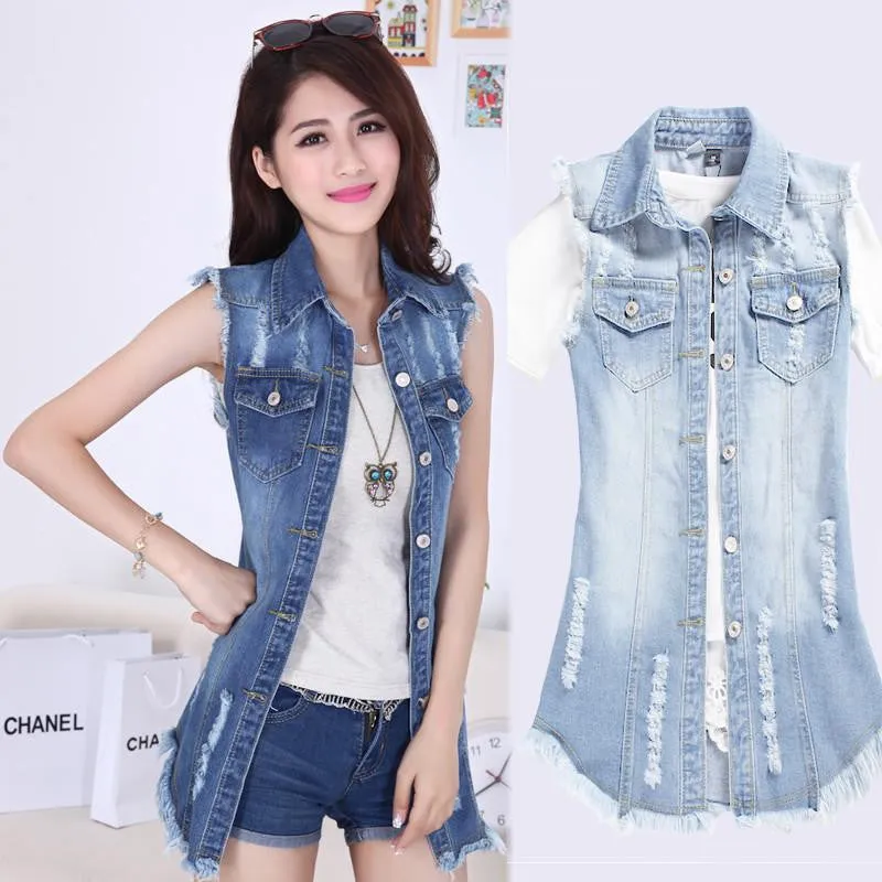 women fashion Vintage Holes sleeveless denim vest famale denim jacket slim long Outerwear plus size Thin Coats