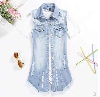 women fashion Vintage Holes sleeveless denim vest famale denim jacket slim long Outerwear plus size Thin Coats