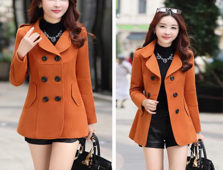 Women Woolen Coats Trench Coat Fashion Solid Double Breasted Overcoat Turn-down Collar Slim Outerwear