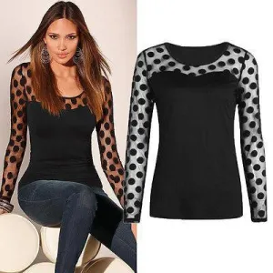 Women's Fashion Long Sleeve Tops Polka Dots Casual Loose Blouse Shirt