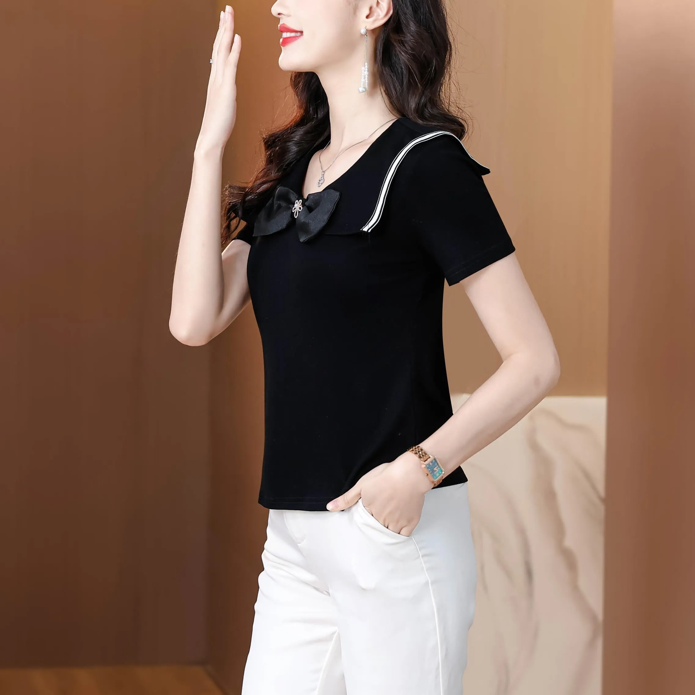 Women's Fitted T-Shirt Featuring a Chic Bow Tie Neckline